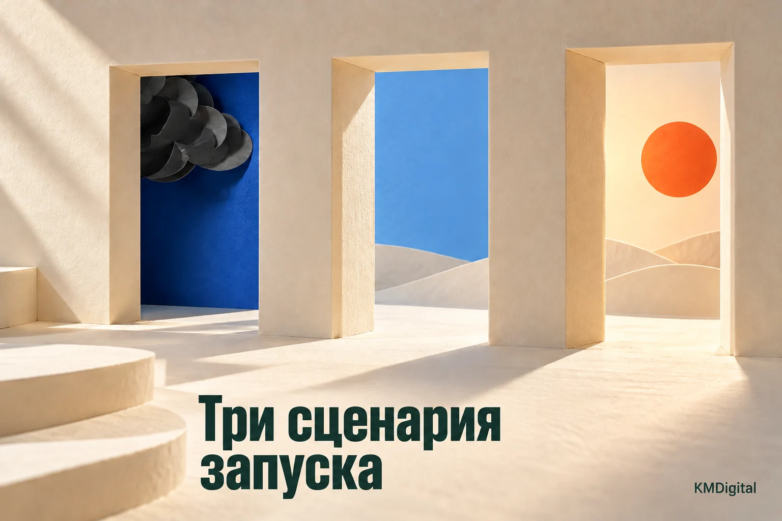Три сценария запуска: за одним бумажным дверным проёмом туча, за вторым ясное небо, за третьим солнце.