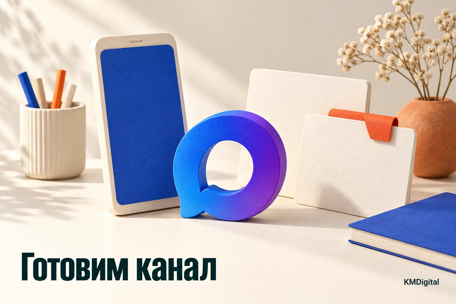 Подготовка канала MAX: карточки публикаций и логотип мессенджера на светлом столе