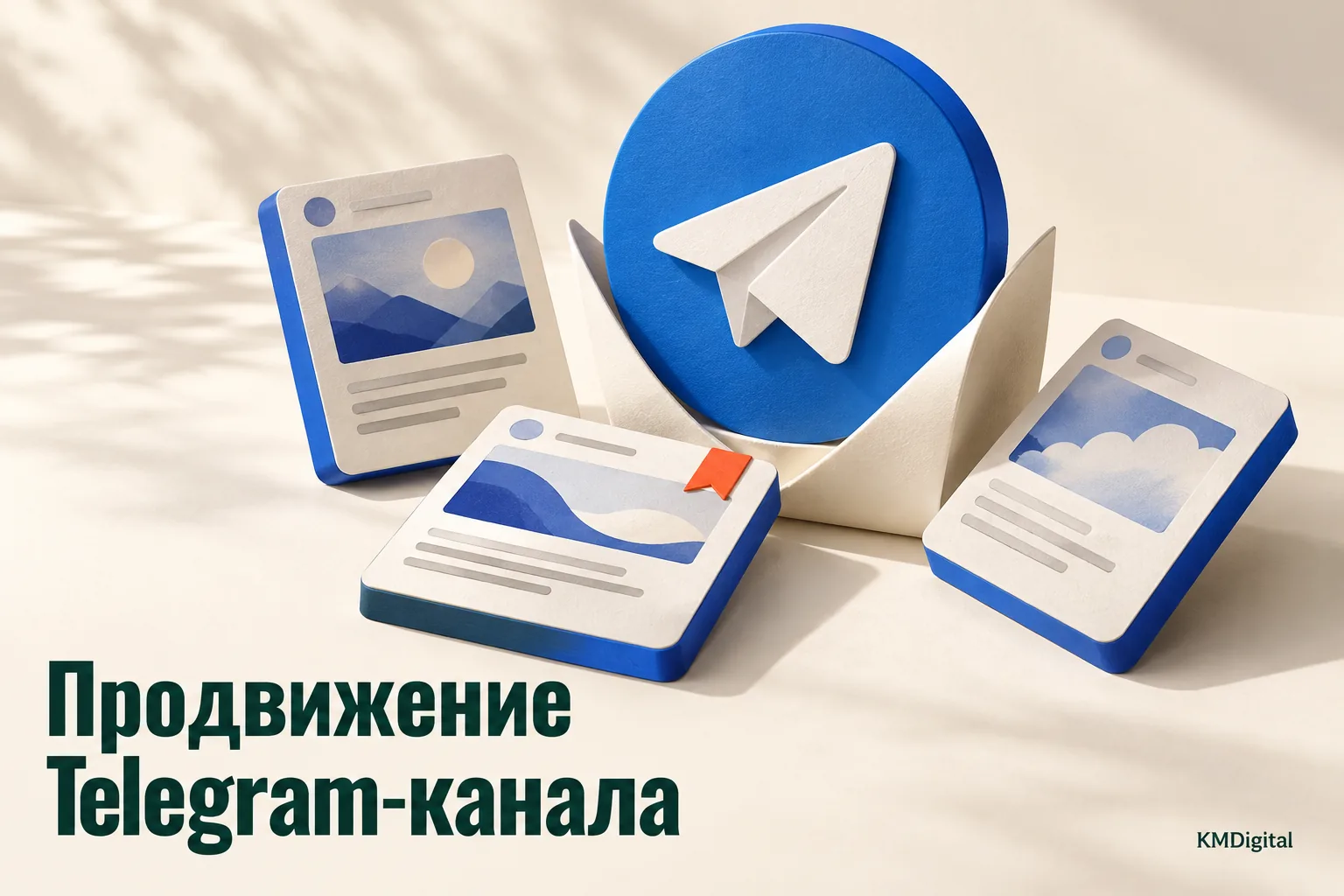 Объёмный символ Telegram и карточки публикаций на светлом фоне